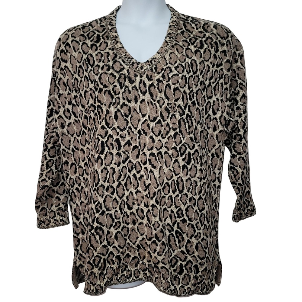 Joan Vass USA Leopard Print V Neck Sweater 3/4 Sleeve Womens 2X Old Money Office